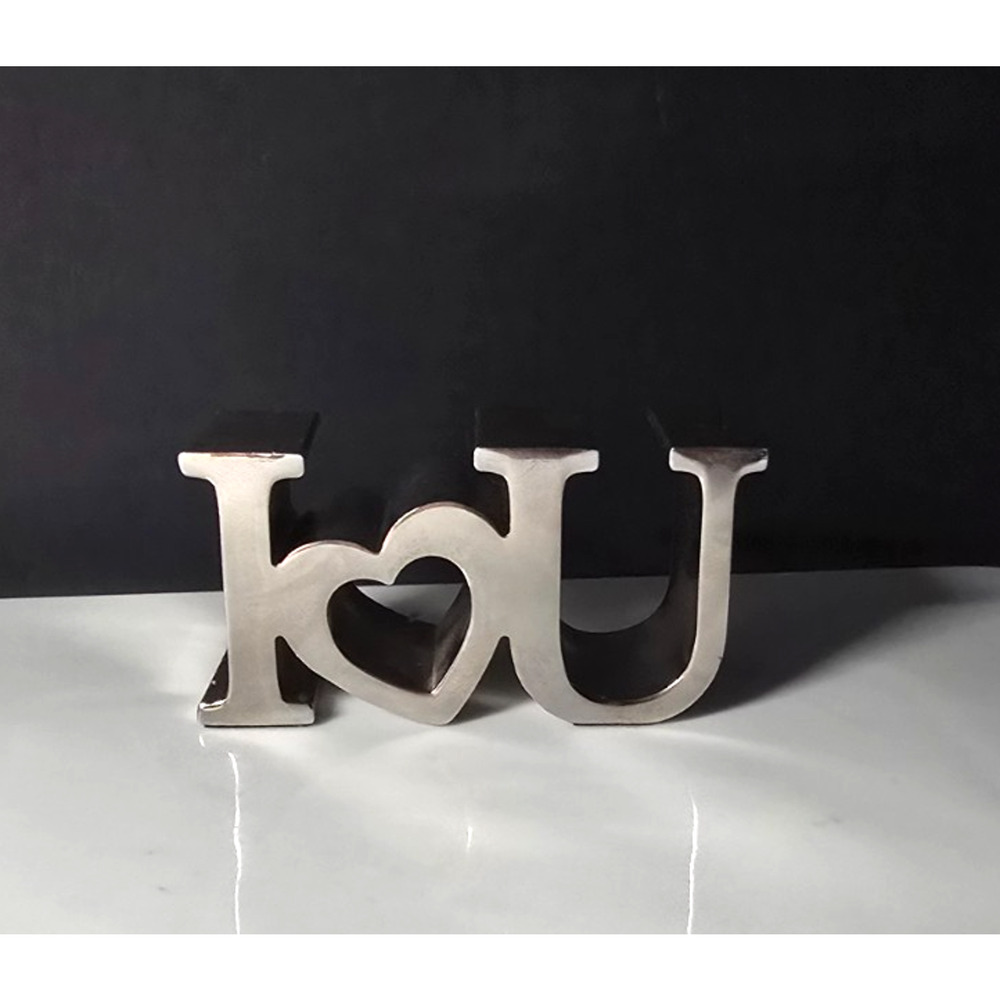 Robert Indiana Inspired Paperweight I Heart U Sculpture Metal Shiny 2" x 4"